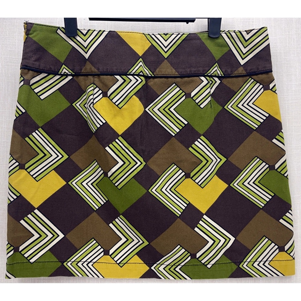 Ann Taylor LOFT Brown Green Geometric Print Mini Skirt Size 8 Retro Mod Cotton - Picture 2 of 7